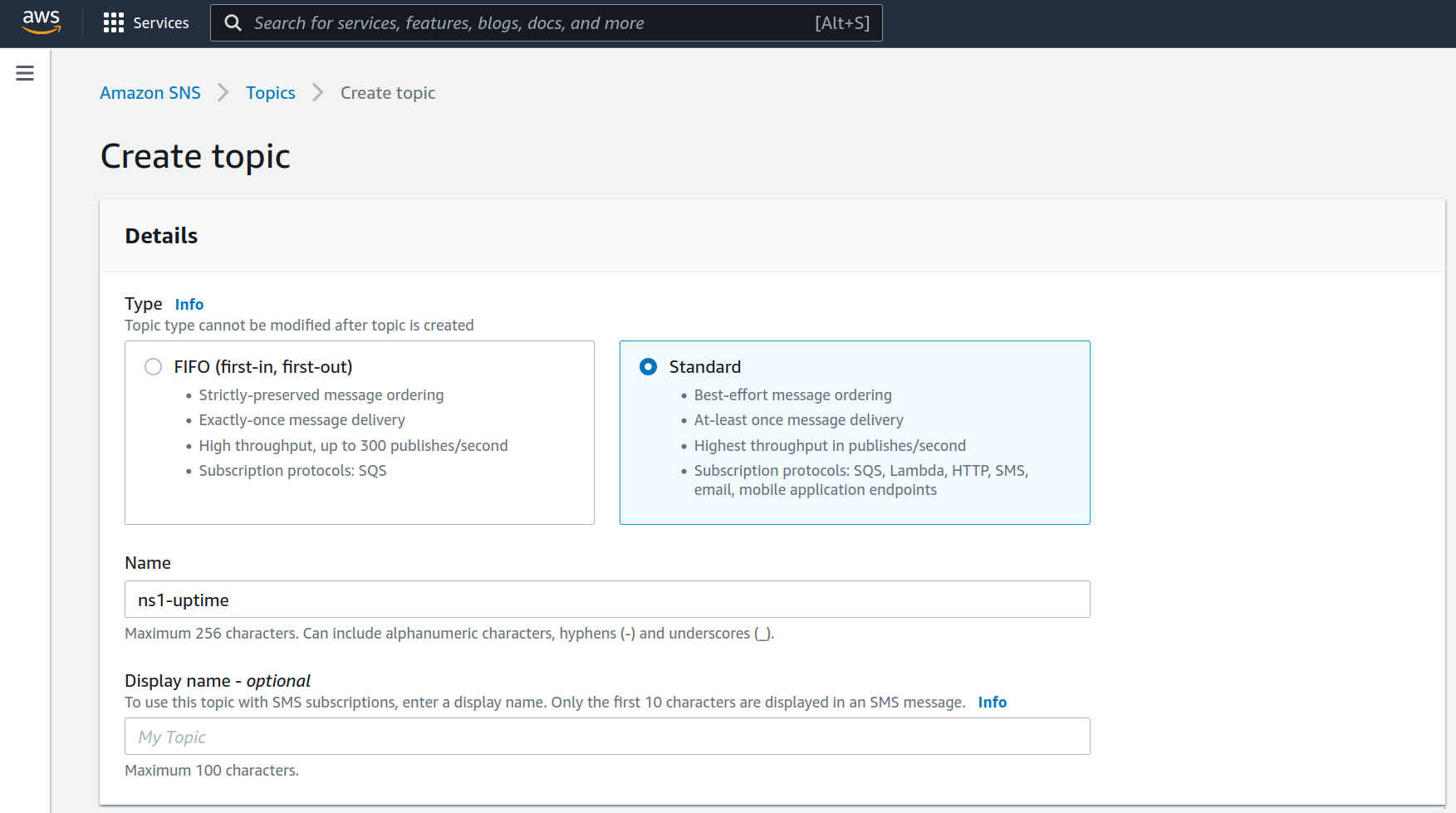 AWS 创建 Topic