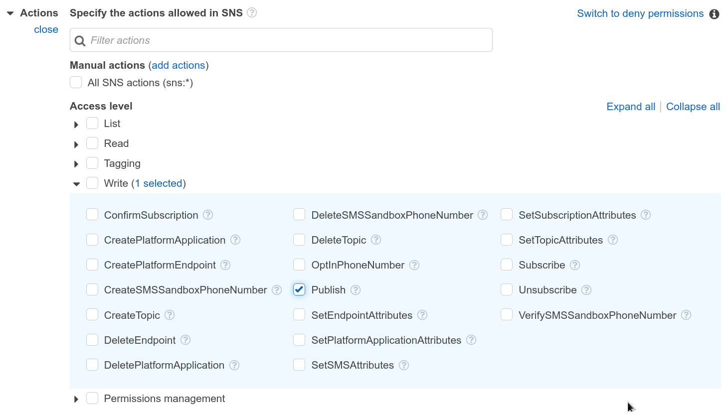 AWS 权限配置选择 Actions